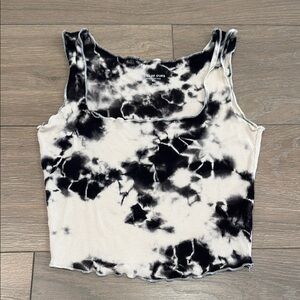 YEAR OF OURS Cream Black Tie Dye Square Neck Lettuce Edge Rib Crop Tank Top XS